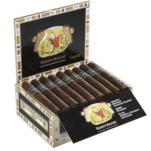 Romeo y Julieta Reserve Maduro Cigars, opened cigar box with multiple dark Maduro cigars inside and branding details visible.