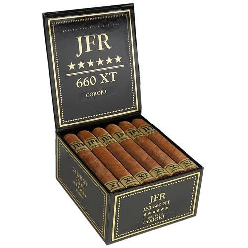 Casa Fernandez J.F.R. XT Corojo 770 Cigars 24Ct. Box, open box of premium cigars with black and gold packaging and cigars arranged inside.