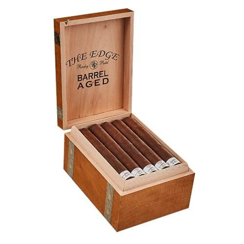 Rocky Patel The Edge Barrel-Aged Cigars, open wooden cigar box showing five cigars neatly arranged.