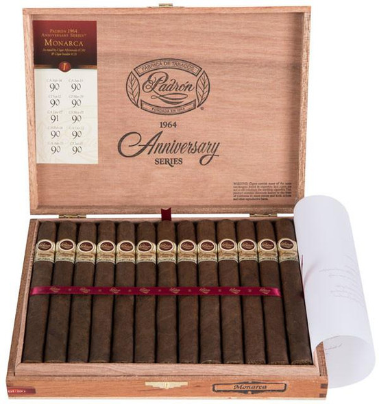 Padron 1964 Anniversary Series Monarca Maduro Cigars 25Ct. Box, wooden cigar box with 25 cigars neatly arranged inside and a red ribbon across them.
