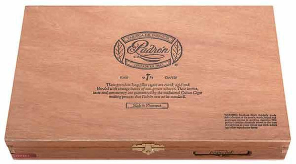 Padron 1964 Anniversary Series Imperiales Maduro Cigars 25Ct. Box, wooden cigar box with Padron logo and product details printed on the top.