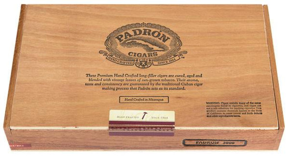 Padron Series 3000 Maduro Cigars 26Ct. Box, wooden cigar box with Padron logo and descriptive text on top, showcasing premium cigar packaging.