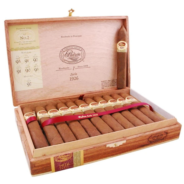 Padron 1926 Series No.2 Natural Cigars 24Ct. Box, wooden cigar box with 24 cigars and a single cigar inside, featuring a red band with gold and white accents, open to display cigars and branding.