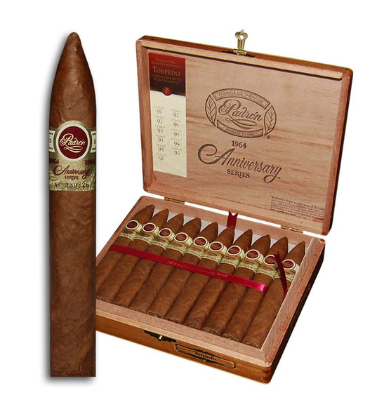 Padron 1964 Anniversary Series Torpedo Cigars 20Ct. Box, a wooden humidor containing twenty premium cigars with a single cigar displayed outside the box for detail.