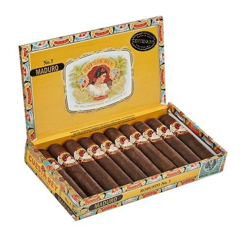 Cuesta-Rey Centenario Robusto #7 Maduro Cigars 10Ct. Box, open box revealing ten dark Maduro cigars with colorful label details inside a decorative cigar box