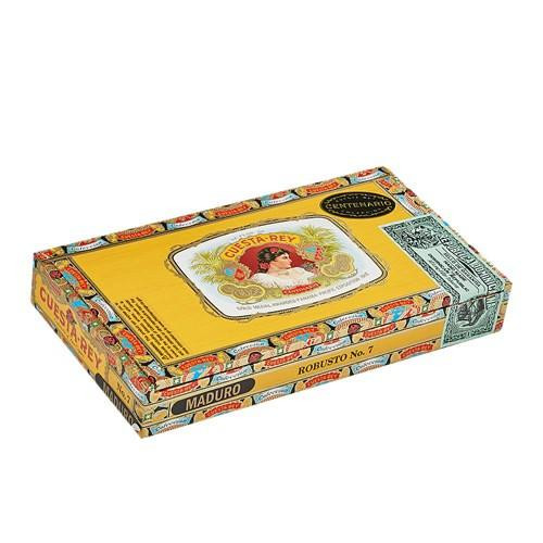 Cuesta-Rey Centenario Robusto #7 Maduro Cigars 10Ct. Box, colorful cigar box with vibrant yellow background and vintage-style illustration of woman, featuring detailed branding and design elements.