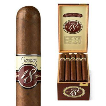 Cusano 18 Churchill Maduro Cigars 18 Ct. Box, a close-up of a single cigar and an open box showing 18 cigars inside.