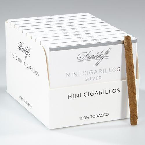 Davidoff Minis Mini Cigarillos Silver 100Ct Packs, display of white cartons containing mini cigarillos with a single cigarillo outside the pack.