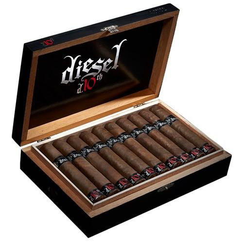 Diesel 10th Anniversary d.4552 Cigars 20Ct. Box, open wooden cigar box with 20 cigars inside, black and red branding on the cigars, and a logo on the inside lid of the box.