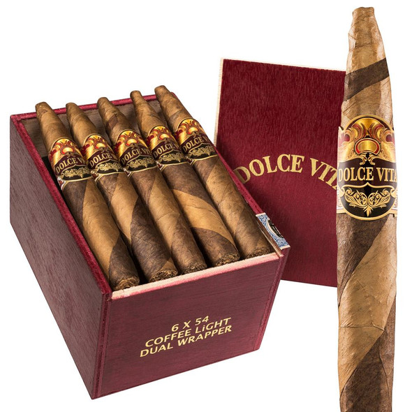 Dolce Vita Cafe Coffee Light Edition 654 Figurado Cigars 20Ct. Box, a set of premium cigars with a rich brown wrapper and decorative band, displayed in a red cigar box with the Dolce Vita logo.
