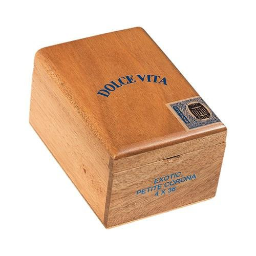 Dolce Vita Exotic Petite Corona Cigars 20Ct. Box, wooden cigar box with Dolce Vita logo and stamp.