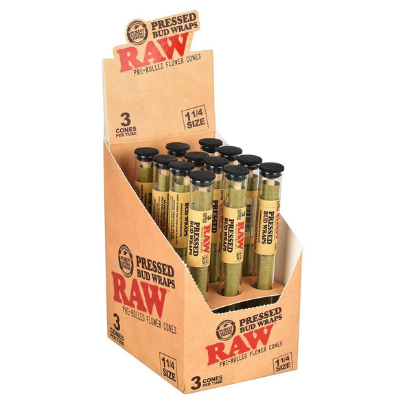 RAW Pressed Bud Wrap Cone 1 1/4 12pc Display, pre-rolled flower cones in a cardboard display box with black tips and labels.