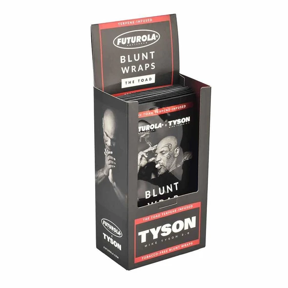 Futurola x Tyson 2.0 Terp Infused Blunt Wrap 25pc Display, black and red packaging with images of Mike Tyson on the front.