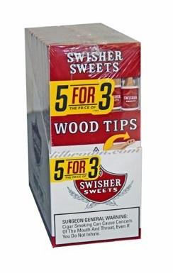 Swisher International Swisher Sweets Wood Tip Cigarillos Pack 5FOR3, a box of cigarillos with wood tips and promotional 5 for 3 deal, featuring red, white, and yellow packaging.
