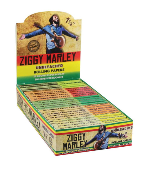 Ziggy Marley Organic Unbleached Rolling Papers 1 1/4, product packaging showing a man with a guitar, colorful design, and the text '25 Booklets per display, 50 leaves per booklet'.