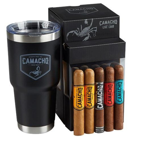 Camacho Cigars Champion Sampler 5ct Plus Tumbler, black stainless steel insulated tumbler with Camacho logo, and five cigars with colorful bands in a black box with Camacho branding.
