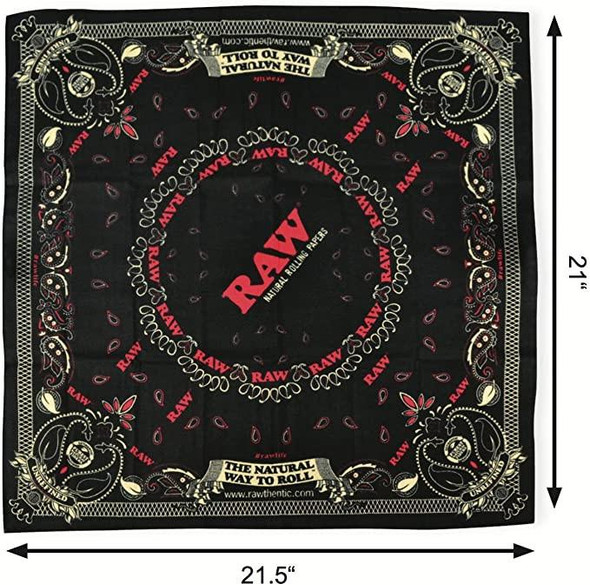 RAW Bandana Black, black bandana with red, white, and beige decorative patterns and the RAW logo in the center.