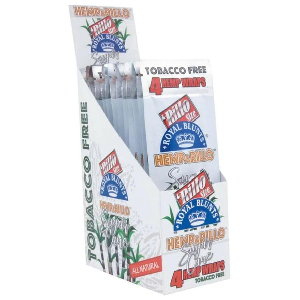 Royal Blunts Hemparillo Hemp Wraps Sugar Cane, product packaging for tobacco-free hemp wraps with four sugar cane flavored wraps in a display box.