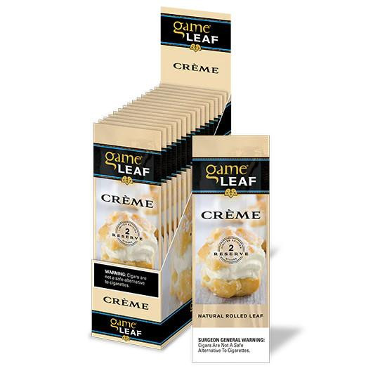 Swedish Match Game Leaf Cigars Creme 15/2, box of natural rolled leaf cigars with cream flavor, featuring individual cigar packets with a cream puff image on the packaging.