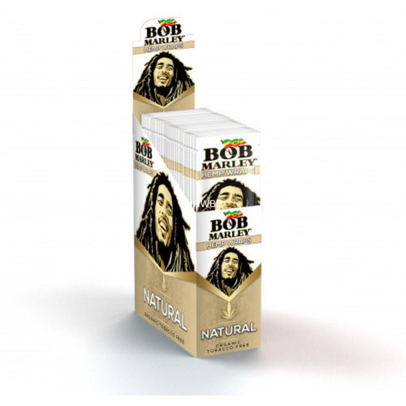 Product BOB Marley Papers Bob Marley Hemp Wraps 25/2Ct, display of multiple hemp wrap packs featuring an image of Bob Marley with dreadlocks and a smiling face, labeled as organic and natural.