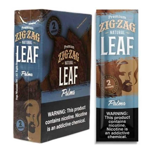 Zig Zag Natural Leaf Wraps 25/2, product packaging showing natural leaf wraps with a warning label about nicotine addiction.