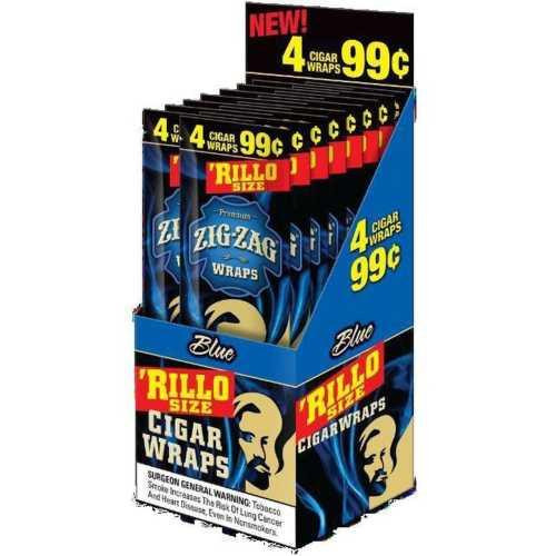 Product Republic Group Zig Zag Rillo Wraps Blue 4 for 0.99, display box of smoking wraps with blue packaging featuring a stylized face illustration and text.