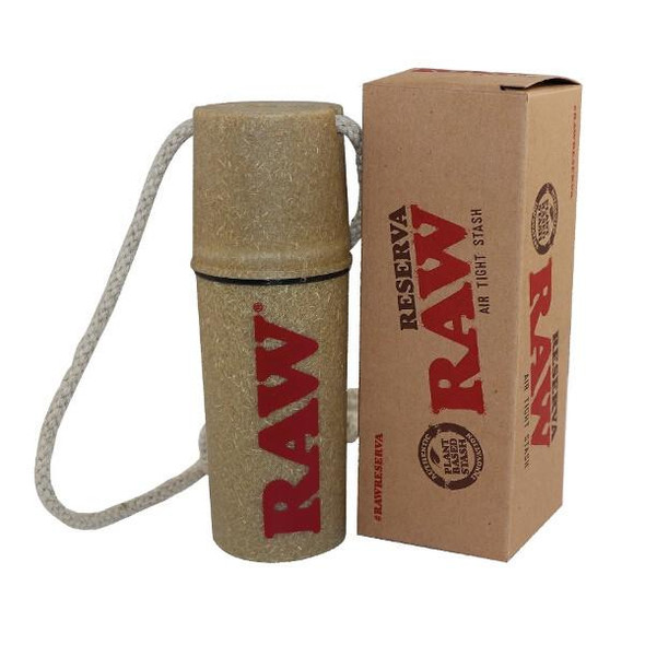 RAW Reserva Air Tight Stash, portable storage container with rope and its box for storing herbs or tobacco.
