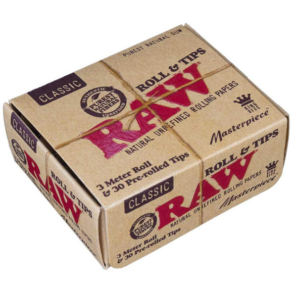 RAW Raw Classic Masterpiece 3 Meter Roll + 30 Pre-Rolled Tips, eco-friendly rolling paper and tips in a brown cardboard box for rolling cigars or cigarettes.