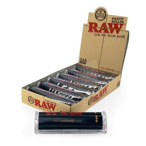 RAW Phatty Roller 125mm 1ct, product image showing a box of extra wide rolling machines with a single roller outside the box, designed for rolling blunts and large filaments.
