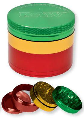 RAW x Hammer Craft 4 Piece Grinder 2.5, colorful four-piece herb grinder with green, red, and yellow sections and three additional removable grinding pieces
