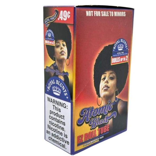 Royal Blunts EZ Roll Wraps Tubes Atomic Blast 25Ct, packaging features a woman with an afro hairstyle and warning label about nicotine content.