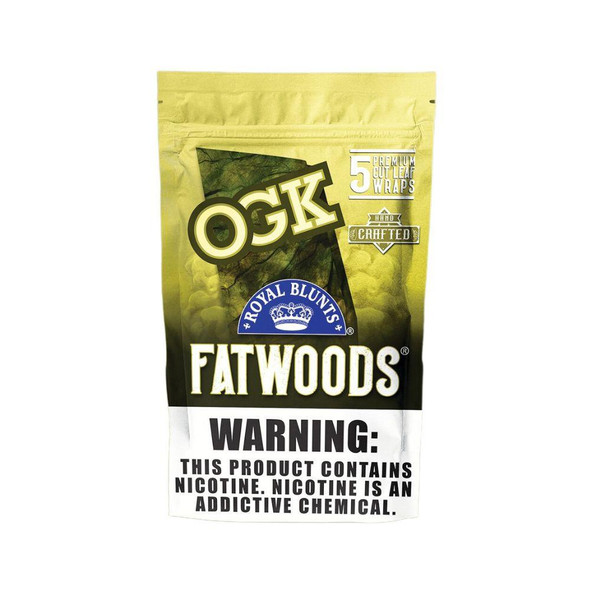 Royal Blunts Fatwoods Natural Leaf Wraps 8/5Ct, a yellow resealable bag containing natural leaf wraps for rolling.