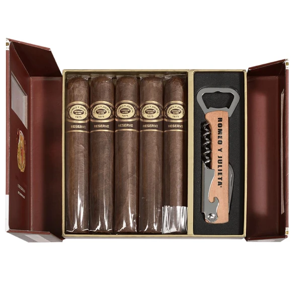 Romeo Y Julieta Cigars Reserve Toro Sampler with Wine Opener, a luxurious cigar collection in a decorative box with five cigars and a corkscrew wine opener.