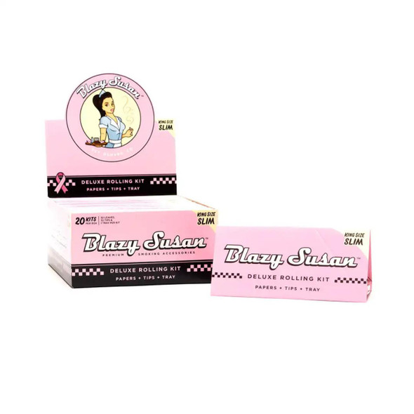 Blazy Susan Deluxe Rolling Kit King Size Slim 20Ct, image of a pink box and pack of rolling papers, tips, and tray with branding and product details.