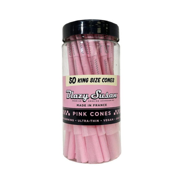 Blazy Susan 108mm King Size Pink Pre-Rolled Cones 50Ct, clear plastic jar containing pink long rolling cones with black tip, designed for herbal smoking, featuring premium quality and vegan ingredients.