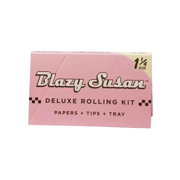 Blazy Susan Deluxe Rolling Kit 1 1/4 20Ct, pink box containing rolling papers, tips, and tray for rolling cigarettes.