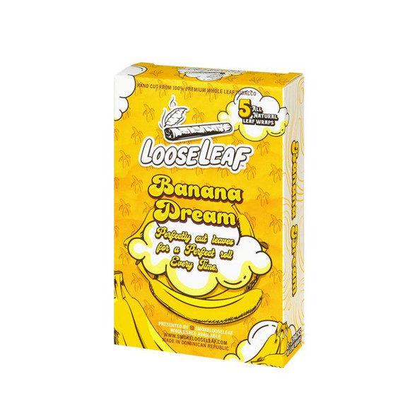 Loose Leaf Premium Whole Leaf 8 Packs of 5, product packaging for banana-flavored tobacco with illustrations of bananas and clouds, promoting natural leaf wraps.