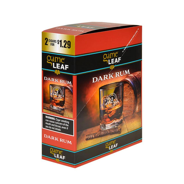 Swedish Match Game Leaf Cigars Dark Rum 15/2, product package featuring a glass of dark rum with ice and a small cigar on the side.