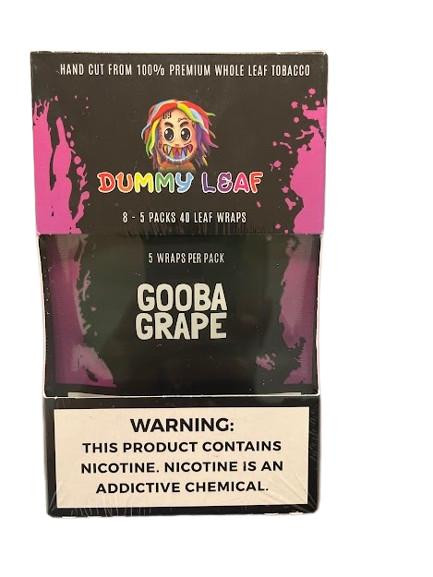 Dummy Leaf Wraps Gooba Grape 8/5 Packs, image of a box of leaf wraps with colorful branding and warning label about nicotine content.