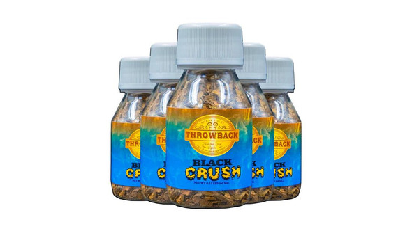 Throwback Black Crush Bottle 24 Ct, set of four small bottles with black crushed candy inside and white caps, featuring a colorful label with the brand name and product details.