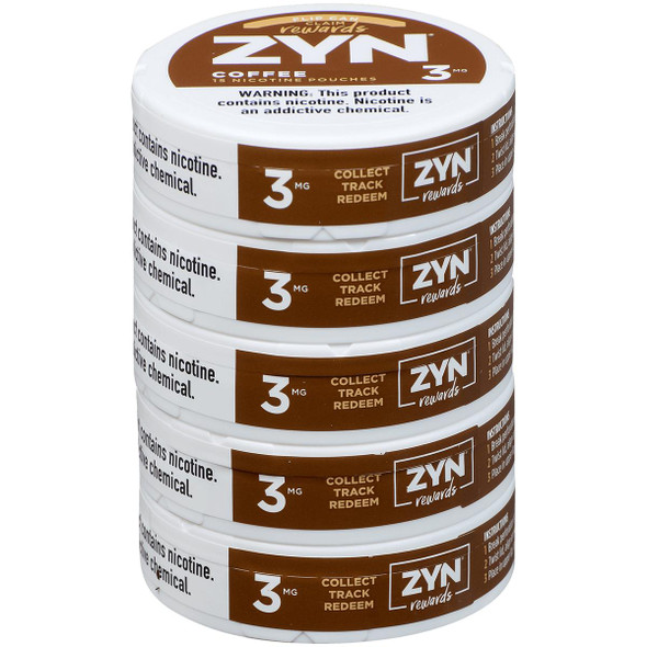 Zyn Nicotine Pouches Coffee 3 Mg 15/5 Tins, stack of four white tins with brown labels featuring the Zyn logo and product details.