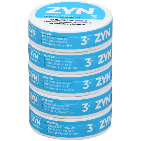 Zyn Nicotine Pouches Cool Mint 3 Mg 15/5 Tins, stacked blue tins with white text and instructions on the labels.