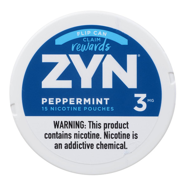 Zyn Nicotine Pouches Peppermint 3 Mg 15/5 Tins, a round white container with blue label displaying product name, flavor, nicotine strength, and a health warning.