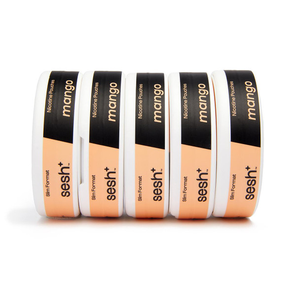 Sesh Tobacco Free Nicotine Pouch Mango 4mg 1/5 Ct Roll, five containers of mango flavored nicotine pouches with black and peach labels.