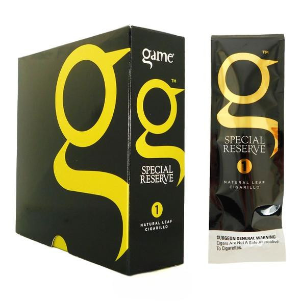 Game Cigarillos Special Reserve 15Ct, product packaging including a box and a single cigarillo pack showing the yellow 'g' logo on a black background.