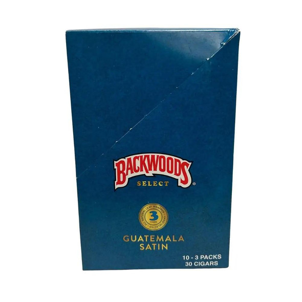 Altadis Backwoods Select Cigars 10 Packs of 3, blue rectangular box of cigars with Backwoods logo, Guatemala Satin flavor, and 30 cigars total.