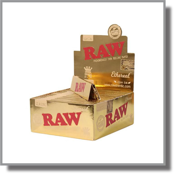 RAW Classic Ethereal Rolling Papers, golden and red packaging of thin rolling papers for smoking in a display box.