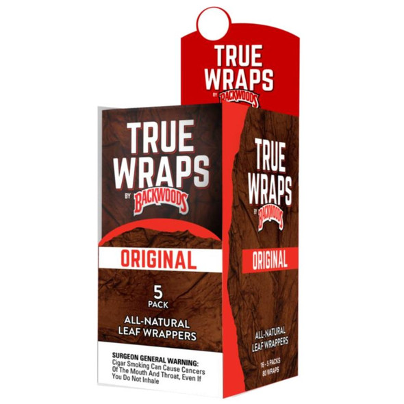 Altadis True Wraps by Backwoods Original Leaf Wraps 16/5, product packaging featuring all-natural leaf wraps in a rectangular box and a hanging display card.