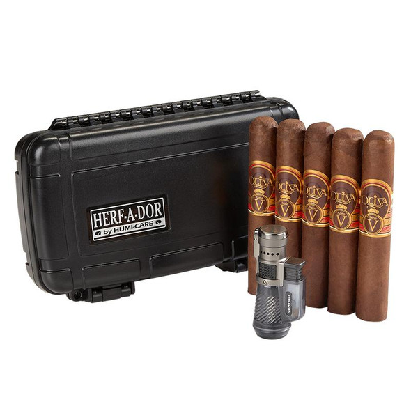 Cohiba Oliva Serie V Cigars Travel Combo with Lighter, featuring six cigars with band labels, a black portable case, and a metallic lighter for cigar enthusiasts.
