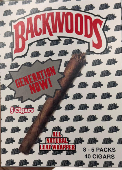 Backwoods Cigars Generation Now 8/5 Ct, product packaging featuring a cigar image, promotional text highlighting 'Generation Now' and 'All Natural Leaf Wrapper', with a background pattern of 'GFX' logos.